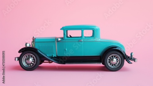 In a studio setting, a vintage retro automobile figurine with black wheels is parked on a pink background