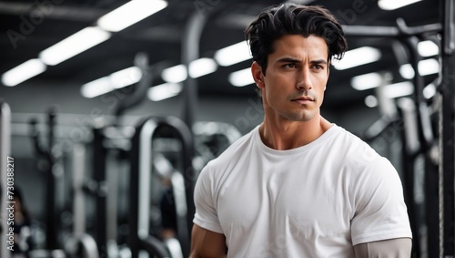 Stoic Muscular Trainer in Crisp White Tee Standing in Active Gym 