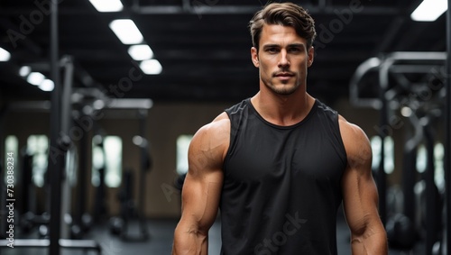Muscular Male Fitness Trainer Posing Confidently in a Gym 