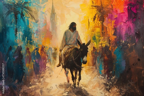 Fototapeta Naklejka Na Ścianę i Meble -  Watercolor painting of Jesus Christ riding a donkey past palm trees.