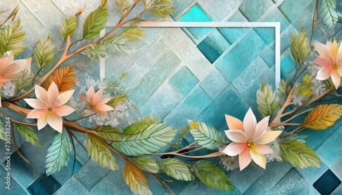 Trójwymiarowe tło z gałązką pokrytą liśćmi i kwiatami na tle ściany z niebieskich kwadratów z białą ramką