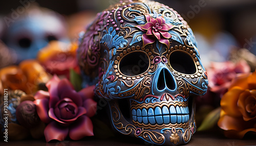 Day of the Dead celebration  colorful skulls, spooky decorations generated by AI