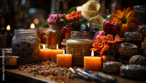 Flame burning, candlelight flickers, relaxation in tranquil candlelight generated by AI