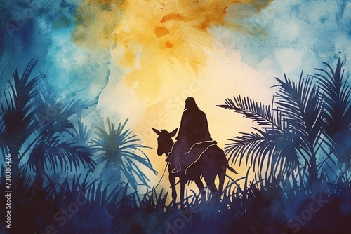 Watercolor painting of Jesus Christ riding a donkey past palm trees.