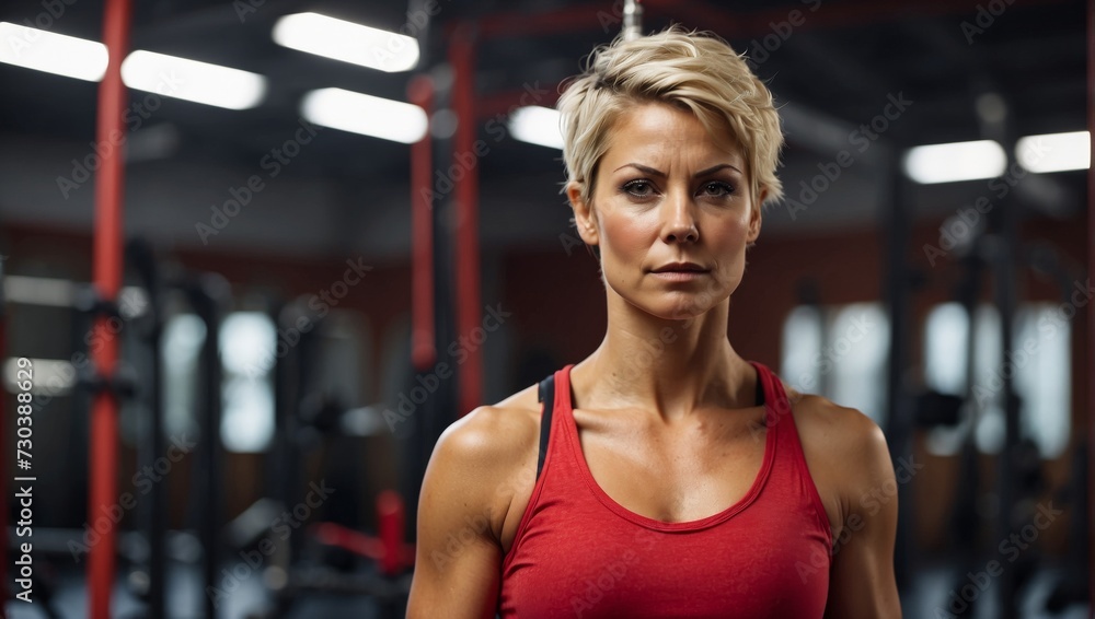 Confident Female Athlete Standing in a Gym with Determined Expression
Confident Female Athlete Standing in a Gym with Determined Expression