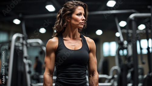 Empowered Female Fitness Enthusiast Striding through a Contemporary Gym

