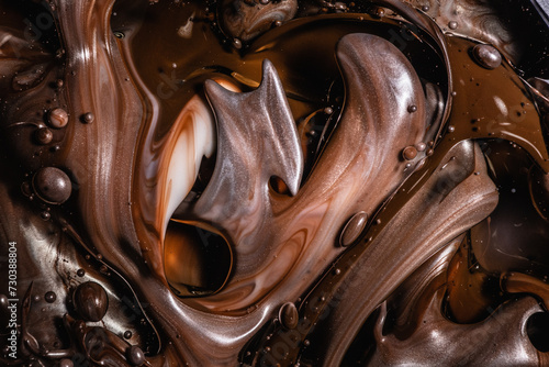 Swirls of chocolate and caramel tones mix elegantly with shimmering highlights and bubbles, creating a luxurious and creamy abstract photo