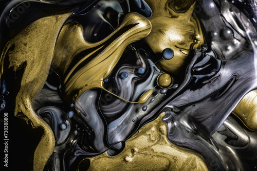 Luxurious gold and black inks meld together with bubbles, creating a rich, opulent abstract with a fluid, metallic sheen