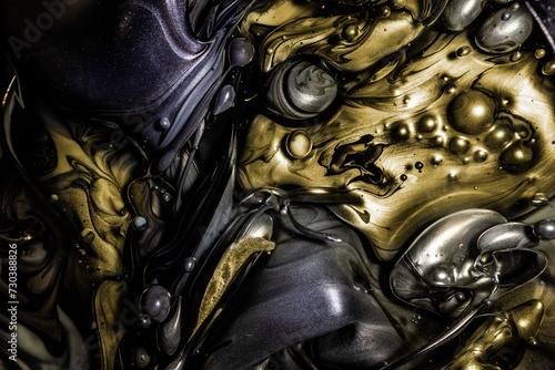 An intricate dance of metallic gold and deep black inks with bubbles creating an abstract vision of luxury and drama photo