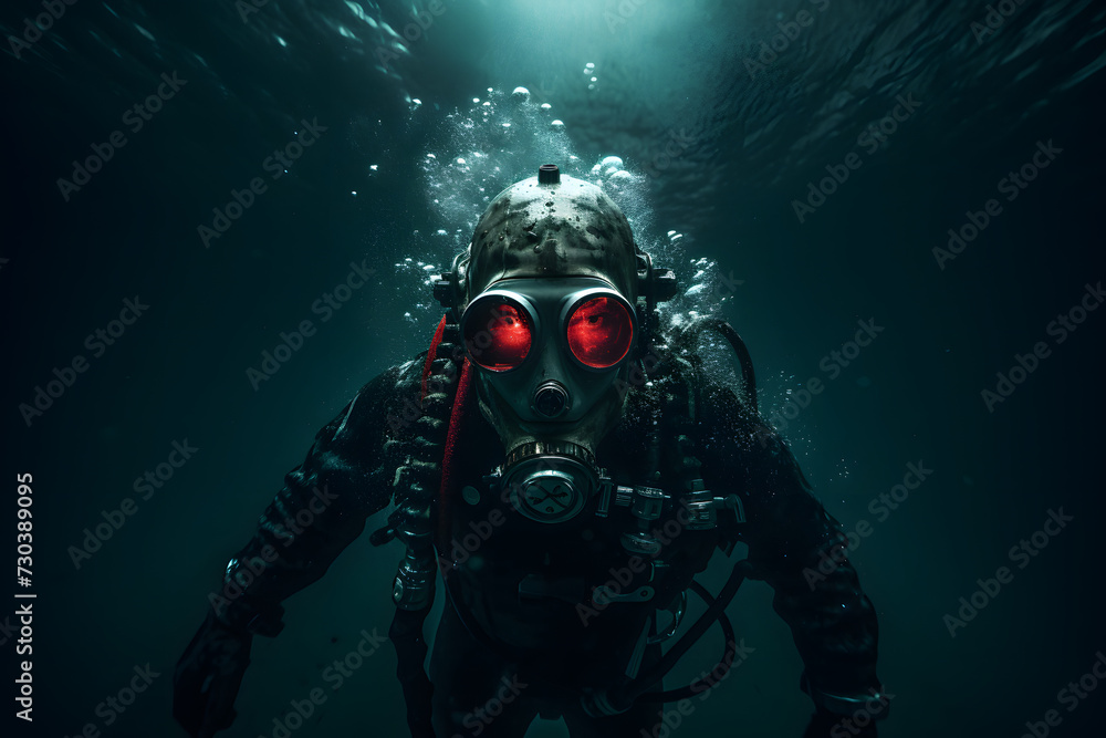 Diver underwater, portrait of a diver underwater