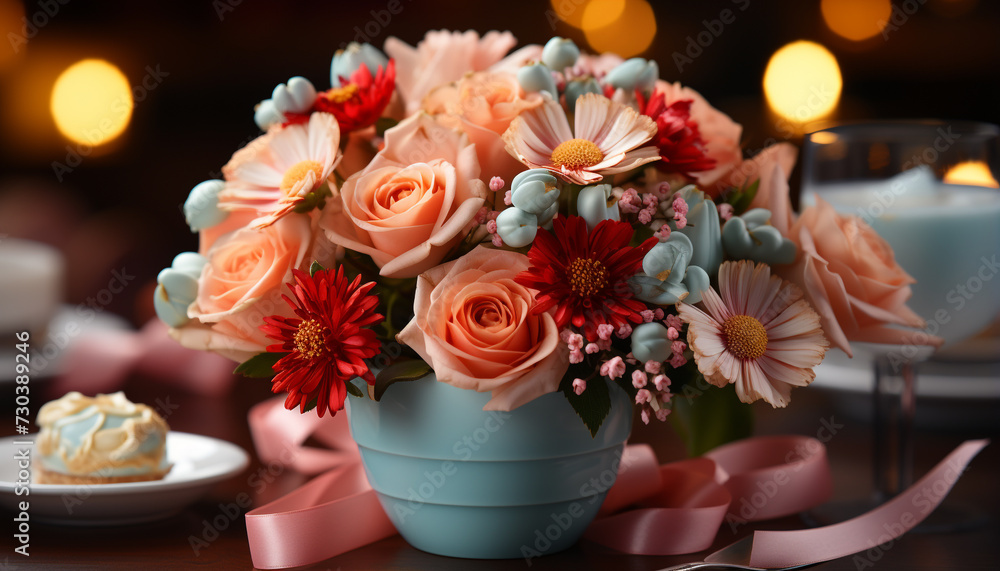 Obraz premium Freshness and elegance in a single flower arrangement on table generated by AI