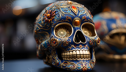 Mexican culture celebrates Day of the Dead with ornate skull generated by AI © Gstudio
