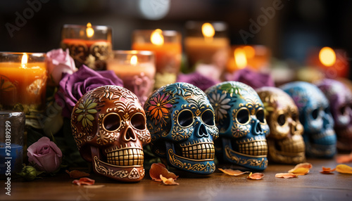 Spooky Halloween celebration  candlelight, human skull, dark night, burning flame generated by AI