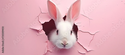 A White Rabbit Is Peeking Out Of A Hole In A Pink Wall