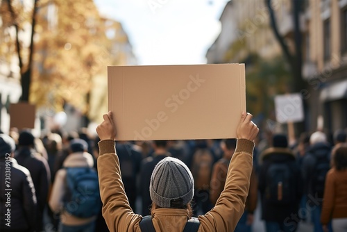 Female protester holds up blank sign in crowd.
