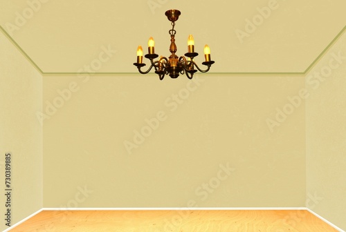 Chandelier lamp with lights on in a drawing empty room