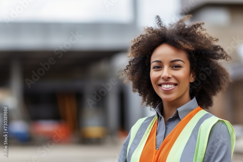 Smiling portrait of a young businesswoman at construction site