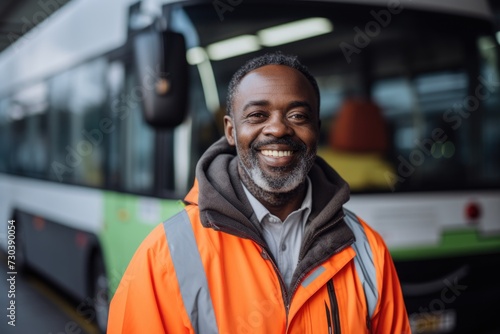 Smiling portrait of a middle aged male bus driver