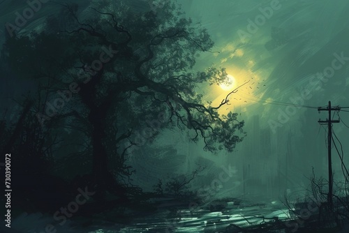Painting of a tree and electric pole at night.