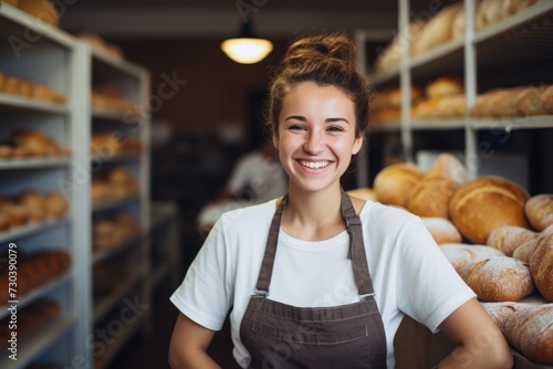 Smiling portrait of a young woman working in a bakery