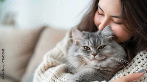 A graceful woman cradles a fluffy domestic cat in her arms, their matching whiskers and soft fur creating a bond between human and feline