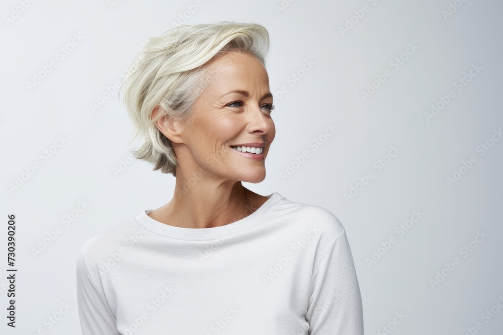 Portrait of happy senior woman in white t-shirt against grey background Portrait of happy senior woman in white t-shirt against grey background