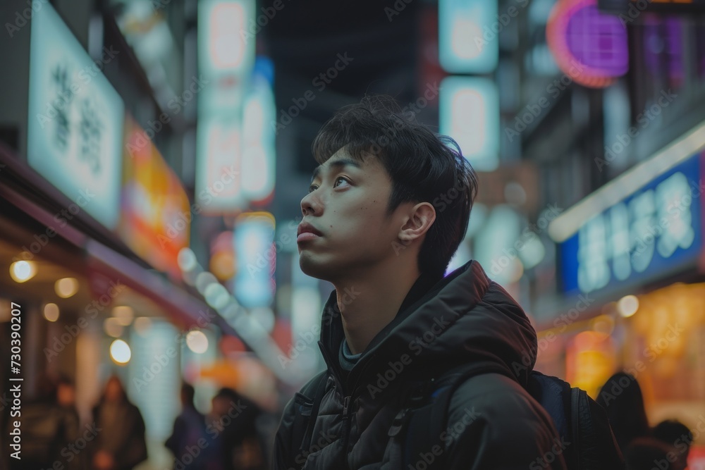 A solitary figure gazes skyward, his jacket a blur of movement against the bustling city backdrop, captured in a fleeting snapshot of urban isolation