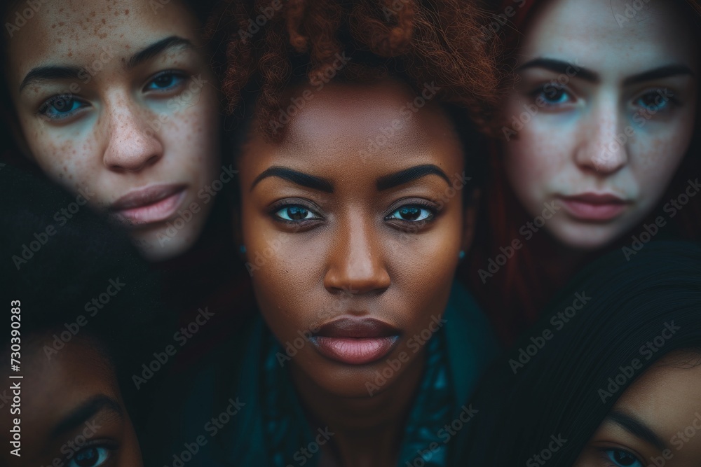 A diverse group of women confidently showcase their unique facial features and bold makeup looks, inviting viewers to appreciate the intricate details of their human faces A diverse group of women confidently showcase their unique facial features and bold makeup looks, inviting viewers to appreciate the intricate details of their human faces