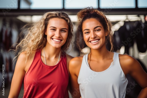 Smiling young female athletes wearing sports clothes