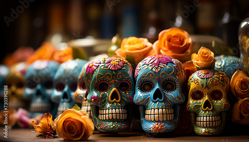 Day of the Dead celebration  colorful skulls symbolize Mexican culture generated by AI