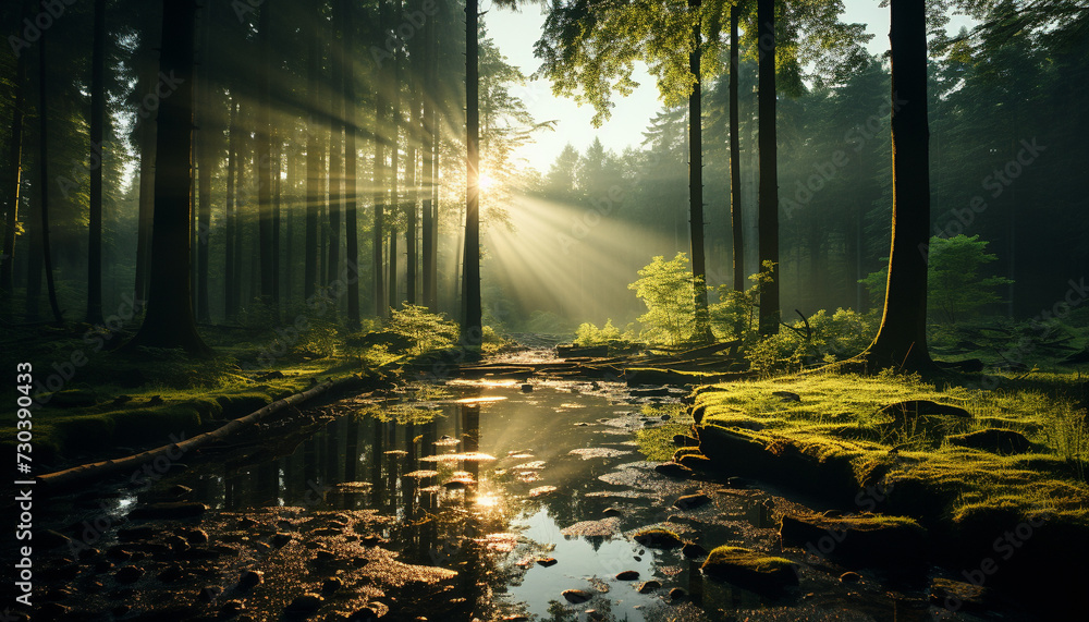 Obraz premium Tranquil scene foggy autumn forest, sunlight reflects on tranquil pond generated by AI