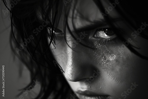 In this emotional portrait, a closeup of a crying girl's face captures the delicate eyelashes and expressive eyebrows, highlighting the raw vulnerability of human emotion photo