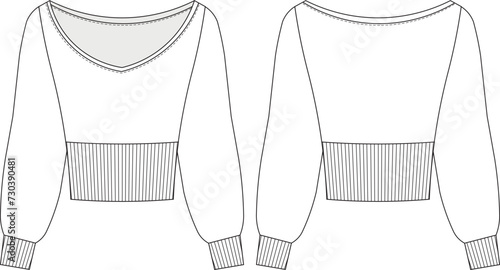 u neck scoop neck ribbed balloon long sleeve sweater sweatshirt template technical drawing flat sketch cad mockup fashion woman design style model
