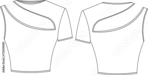 round neck crew neck lowcut strappy short sleeves tight fit asymmetric blouse template technical drawing flat sketch cad mockup fashion woman design style model

