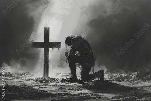 Fototapeta Drawing of a man kneeling at the cross.