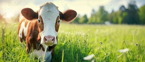 cow on grass in sunny day of photo wallpaper free download, Milk advertising background 