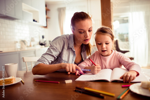 Mother helping little daughter with homework at home