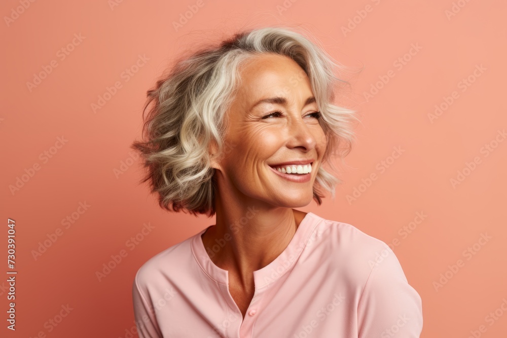 Portrait of a happy senior woman on a pink background. Portrait of a smiling senior woman.