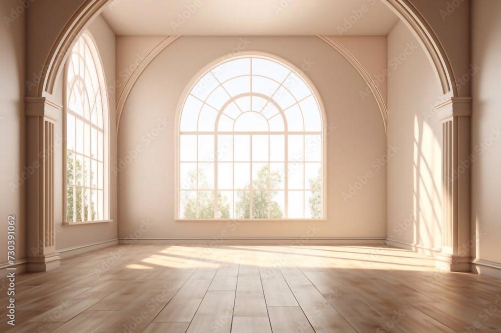 
Empty room interior with arch entrance. Modern 3d living room, office or gallery with wooden floor, shadows and sun light from window on wall. large windows in room interior