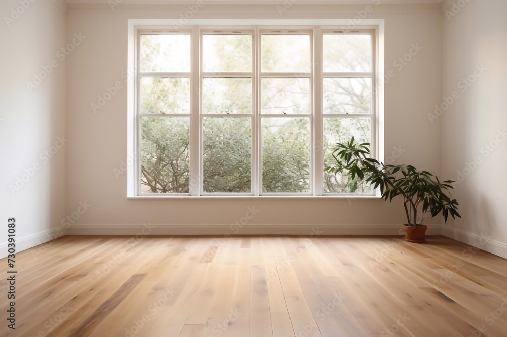 Fototapeta premium Empty room with white wall, large window and wooden floor