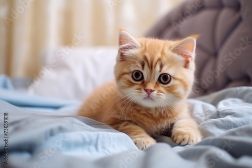 Cute funny red-haired kitten at home on a blue bed