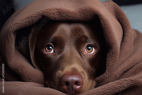 Cute chocolate labrador retriever dog years on bed, pet like man lying on bed and resting under brown blanket