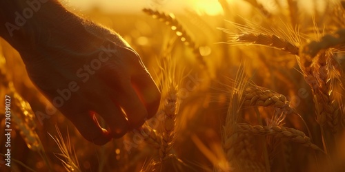 Harvest Touch: A Farmer's Hand Gently Examining the Ripe Wheat Ears in the Warmth of the Setting Sun, Generative AI photo