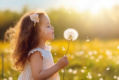 Cute little girl blowing dandelions in a sunny flower meadow Summer seasonal outdoor activities f 