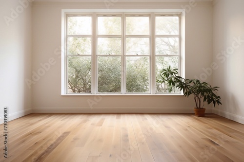 
Empty room with white wall, large window and wooden floor