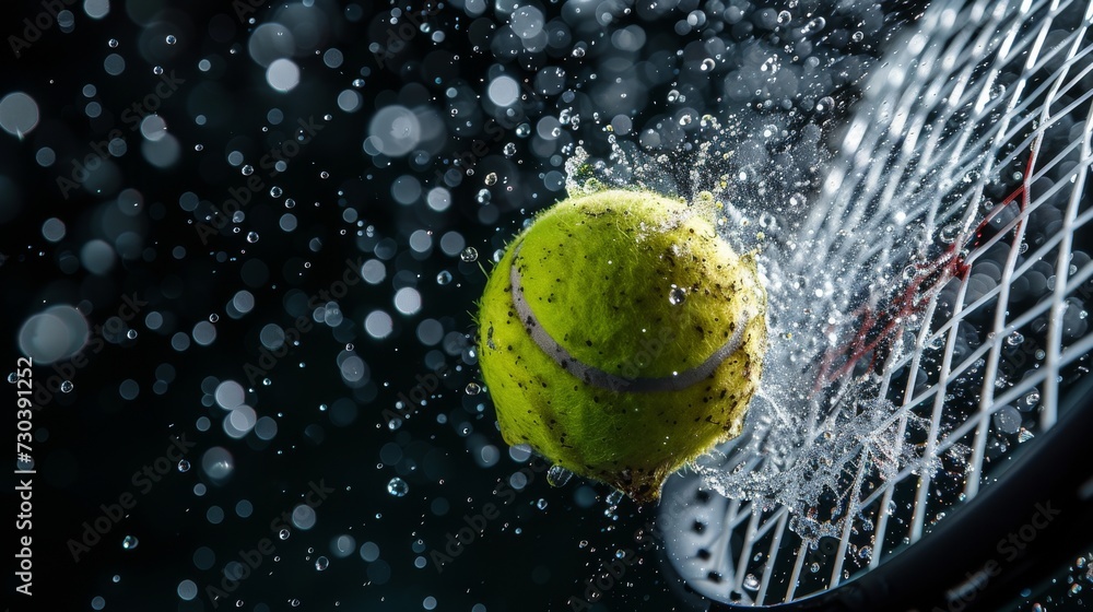 A vibrant yellow tennis ball collides with a sleek racket, sending droplets of water flying in a display of athletic prowess and outdoor recreation