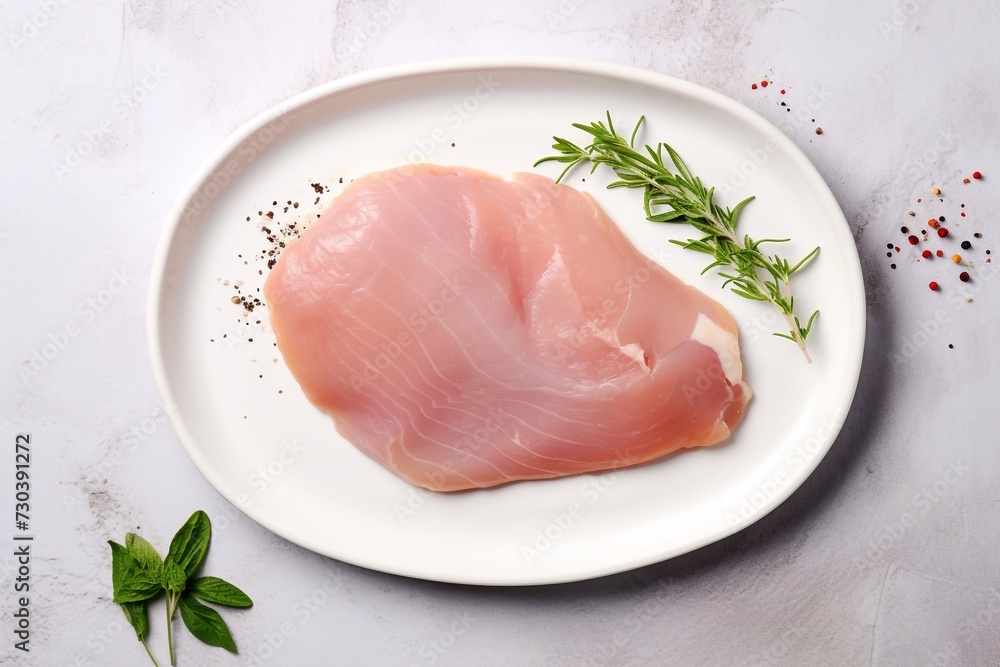 Raw chicken breast or fillet with salt, pepper and fresh herbs on a white plate on a gray background. Healthy food. Top view, copy space
Raw chicken breast or fillet with salt, pepper and fresh herbs on a white plate on a gray background. Healthy food. Top view, copy space