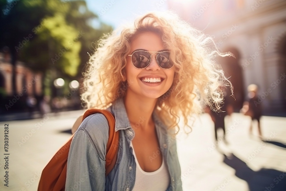 portrait of stylish smiling happy blond woman walking in street with backpack, curly hair, attractive, sunny, summer fashion trend, shirt, traveler, sunglasses, cheerful, backlight, positive, laughing