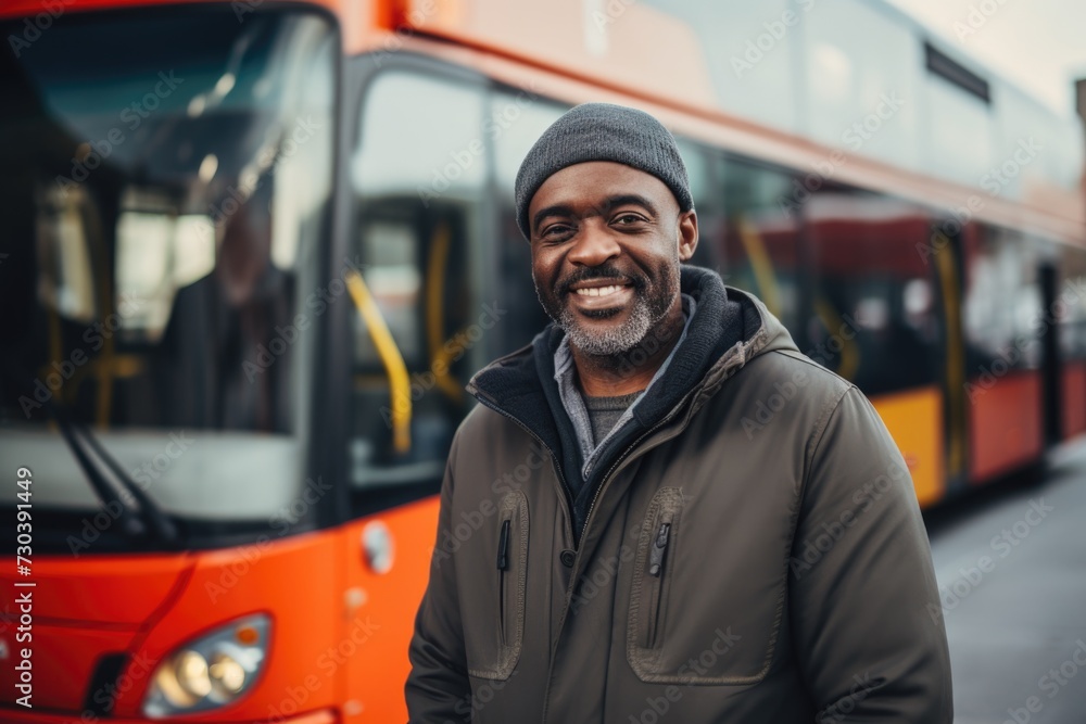 Smiling portrait of a middle aged male bus driver Smiling portrait of a middle aged male bus driver