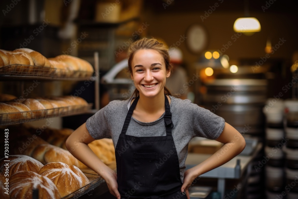 Smiling portrait of a young woman working in a bakery Smiling portrait of a young woman working in a bakery